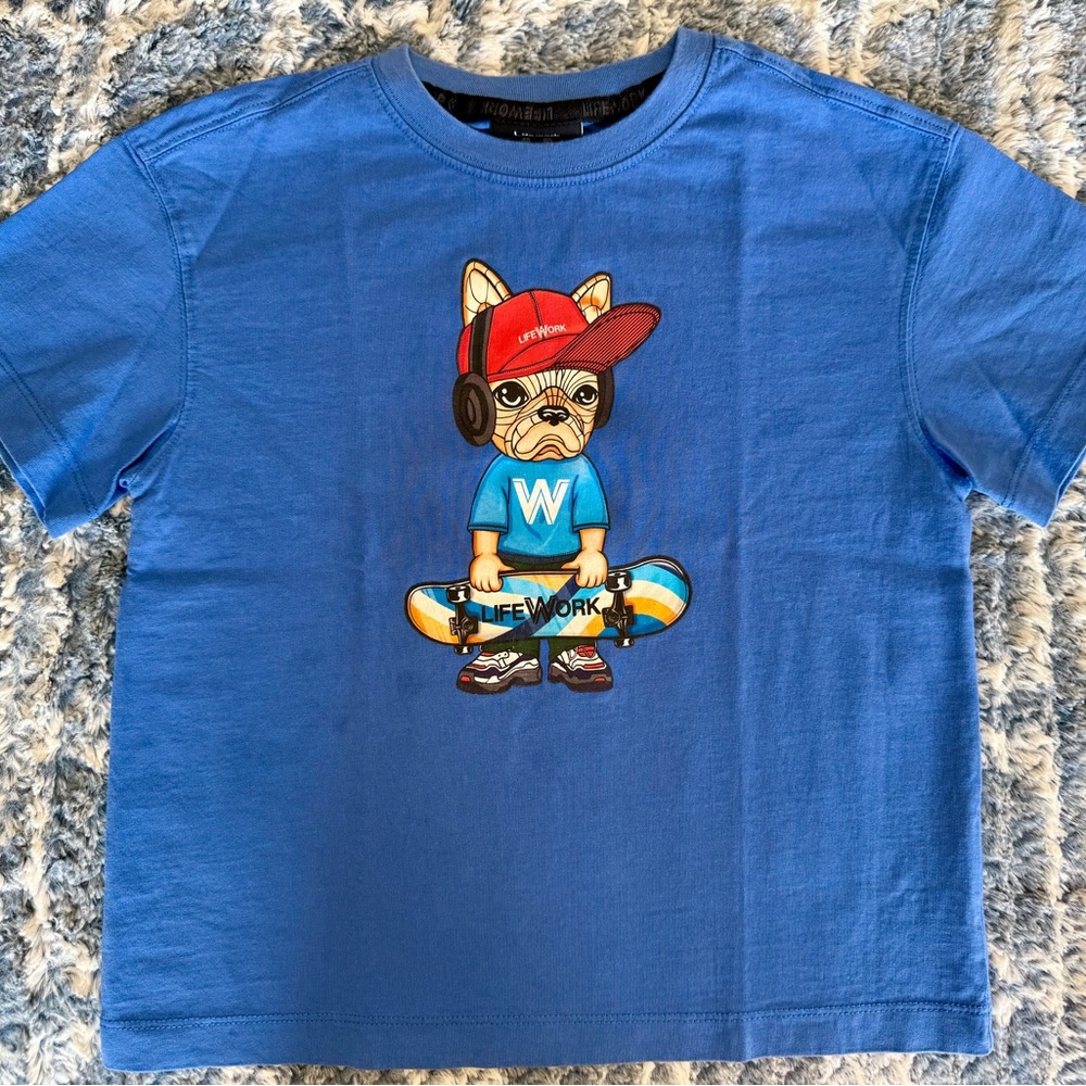 LIFEWORK Korean Designer Blue Kids T-Shirt with Bulldog Graphic